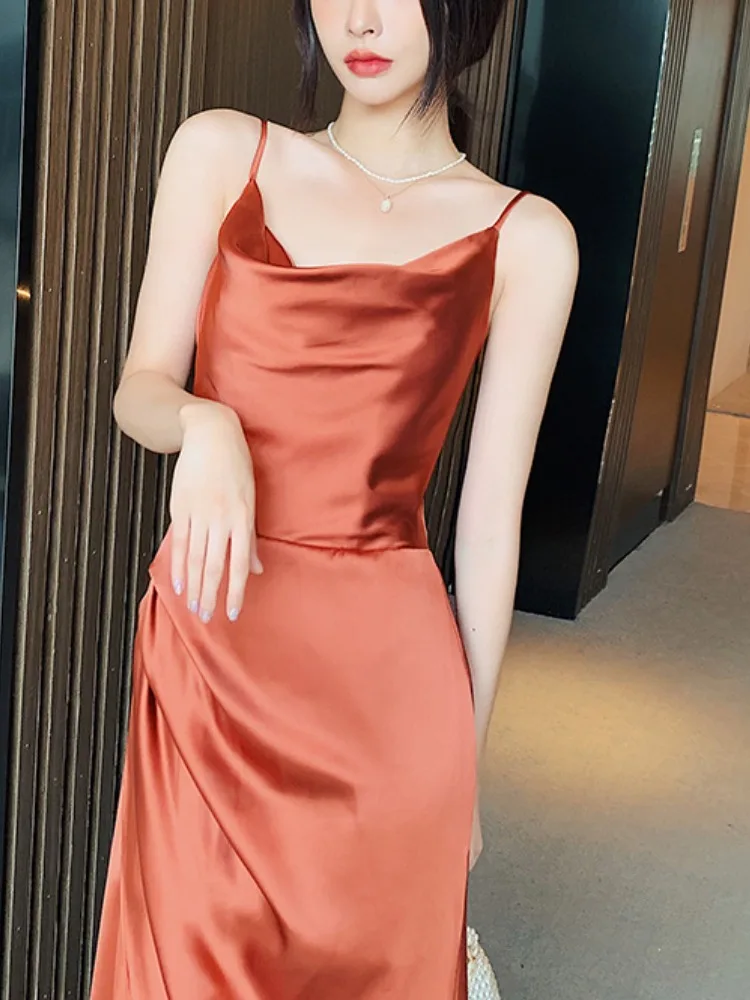 French Simple Halter Slash Neck Bridesmaid Dress Satin Slim Waist Design Cross Lace Up Vestidos Chic Spliced Split Evening Dress