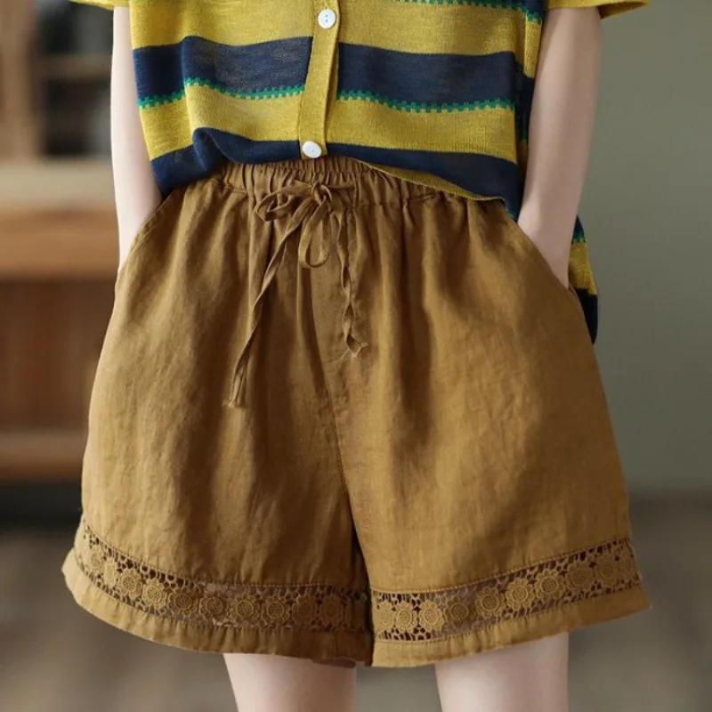 Retro Linen Wide-leg Shorts Women's Thin Summer Elasticized High-waisted Drawstring Hook Flower Hollow Solid Color Casual Pants