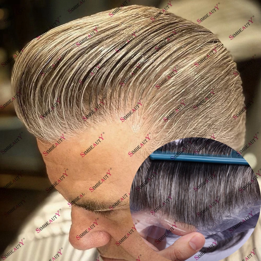 Men's Toupee Human Hair Capillary Prosthesis System Wigs Natural Hairline 0.02mm Super Thin Skin Base 80~90% Density Grey human hair toupee