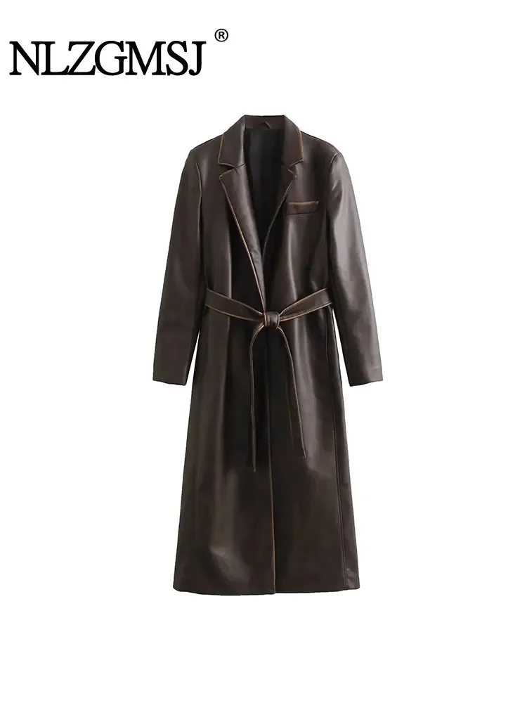 

Nlzgmsj TRAF Vintage Elegant Fake Leather Jackets Women Worn Effect Belt On Waist Long Trench Coats Long Sleeve Jacket