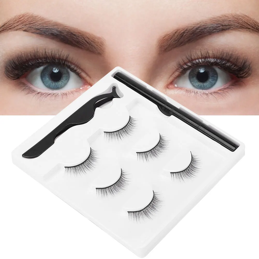 3Pairs Fashion Magnetic False Eyelashes Waterproof Magnetic Eyeliner Pen Tweezers Portable Natural Eyelashes Makeup Set Eyelash