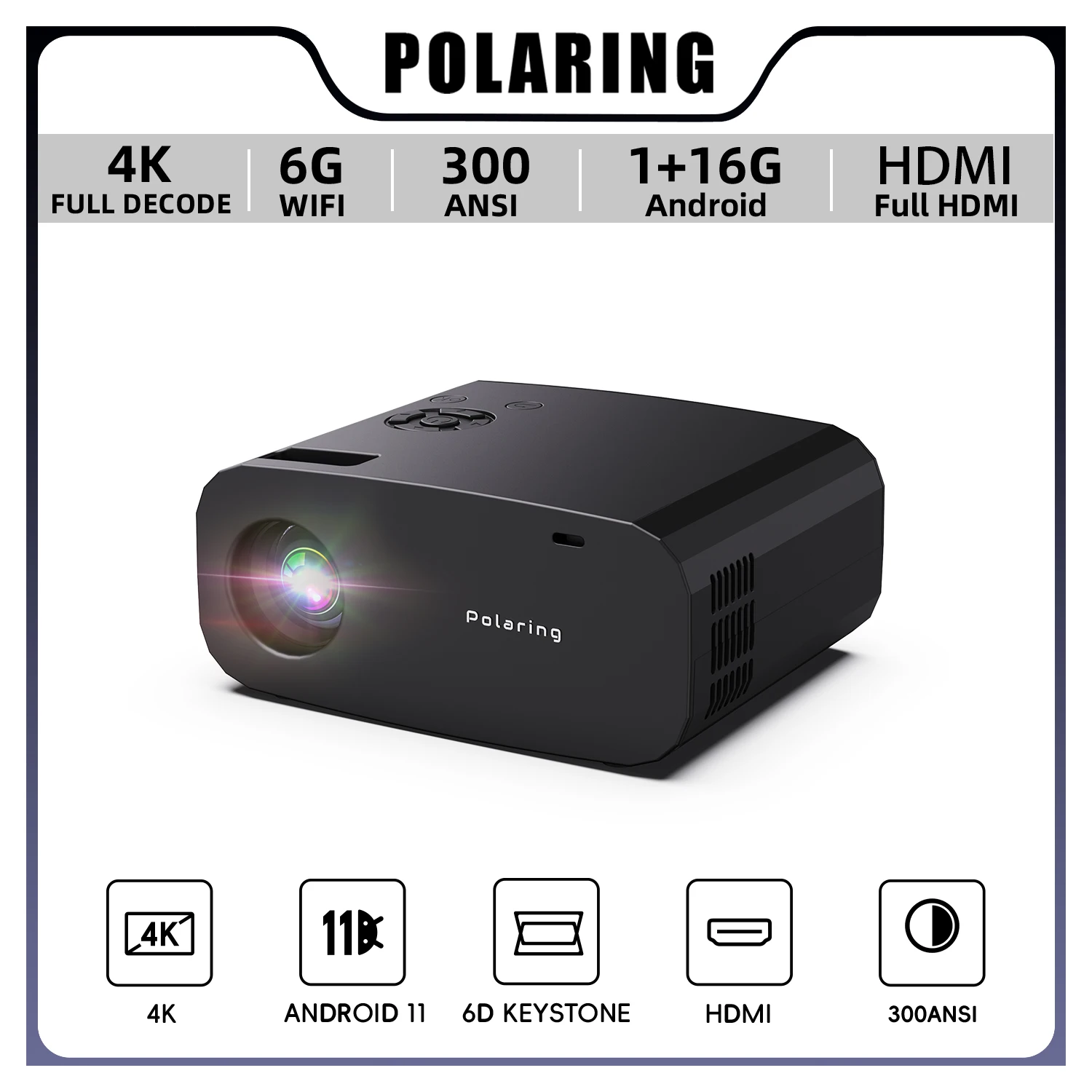 Polaring P7 Pro 1+16G Android Full Decode 4K Projetor Dual 6G Wifi 13000 Lumens 300Ansi Cinema Home Keystone HDMI Proyector