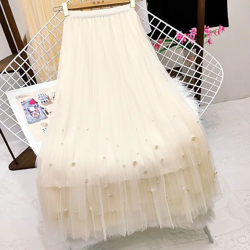 Simple Elegant Fashion Elegant Fairy Pleated Skirt Women's Solid Elastic High Waist Mid Length Patchwork Bead Mesh Half Skirt