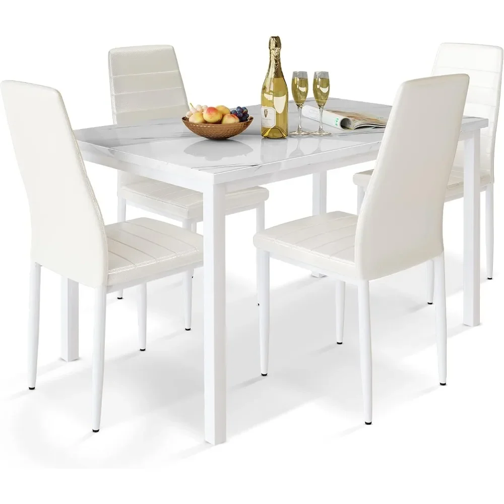 5-Piece Dining Table Set for 4,Faux Marble Kitchen Table and Chairs Set with Upholstered Leather Chairs,Dining Room Table Set