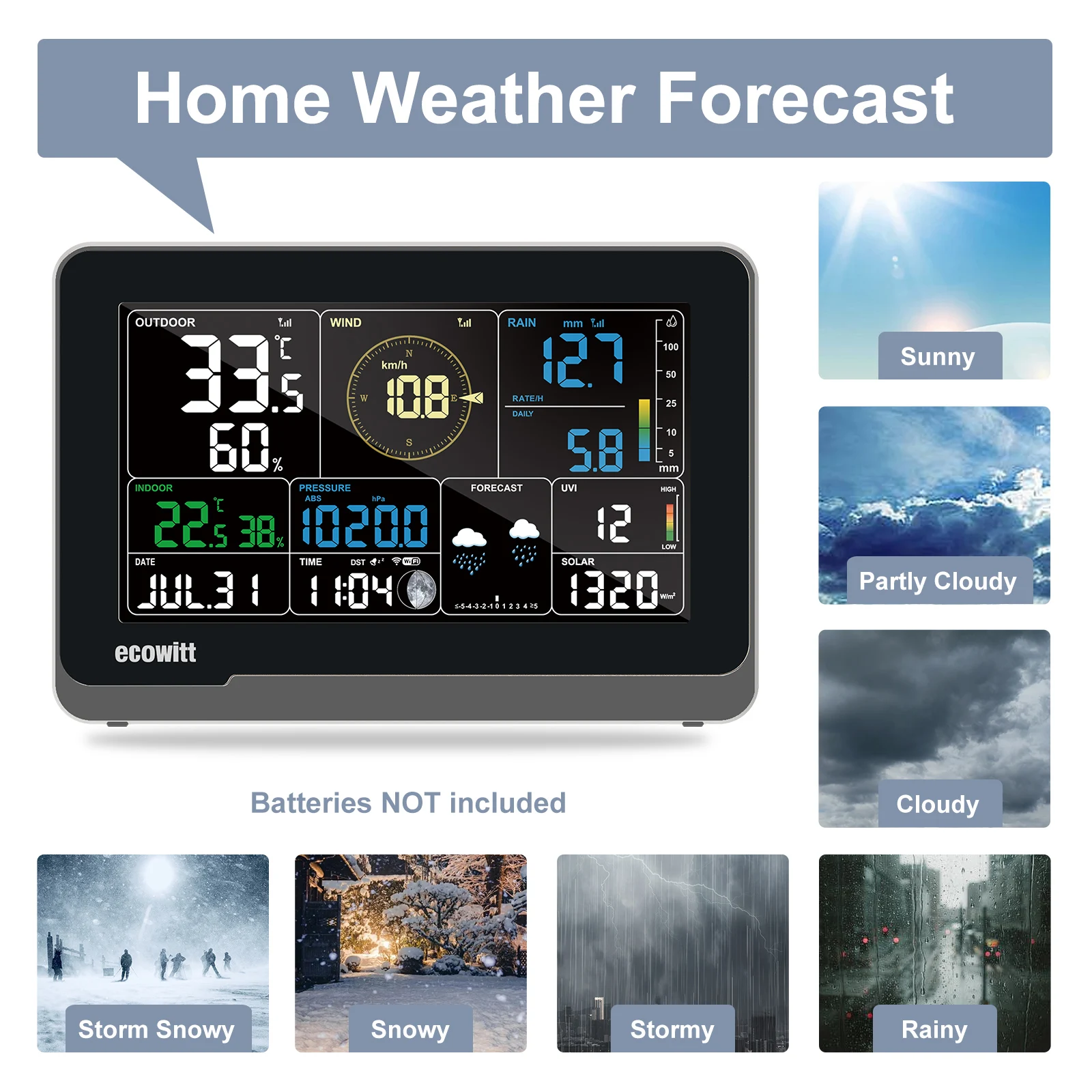 Ecowitt WS3900 Wi-Fi Weather Station, with 7.5inch Color LCD Display Console and 7-in-1 Outdoor Solar Sensor Array, Support IoT