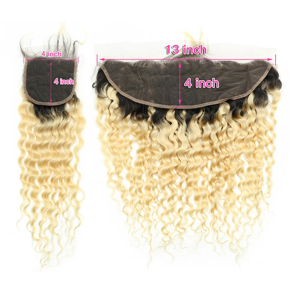 1B 613 Ombre Blonde Deep Wave Curly 4x4 Lace Closure with Baby Hair Brazilian Remy Human Hair 13x4 Swiss Lace Frontal Preplucked
