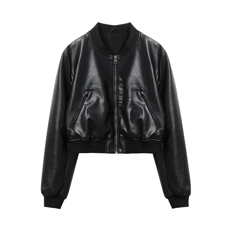 Women's Street fashion Faux Leather Bomber Jacket Stand Collar Black Short Leather Coat 6