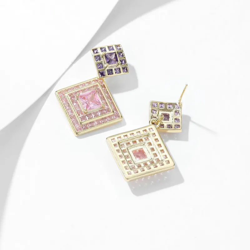 France Fashion Temperament Geometric Lozenge Dangle Earrings For Women Brand Design Sweet Romantic Cubic Zirconia Stud Earings