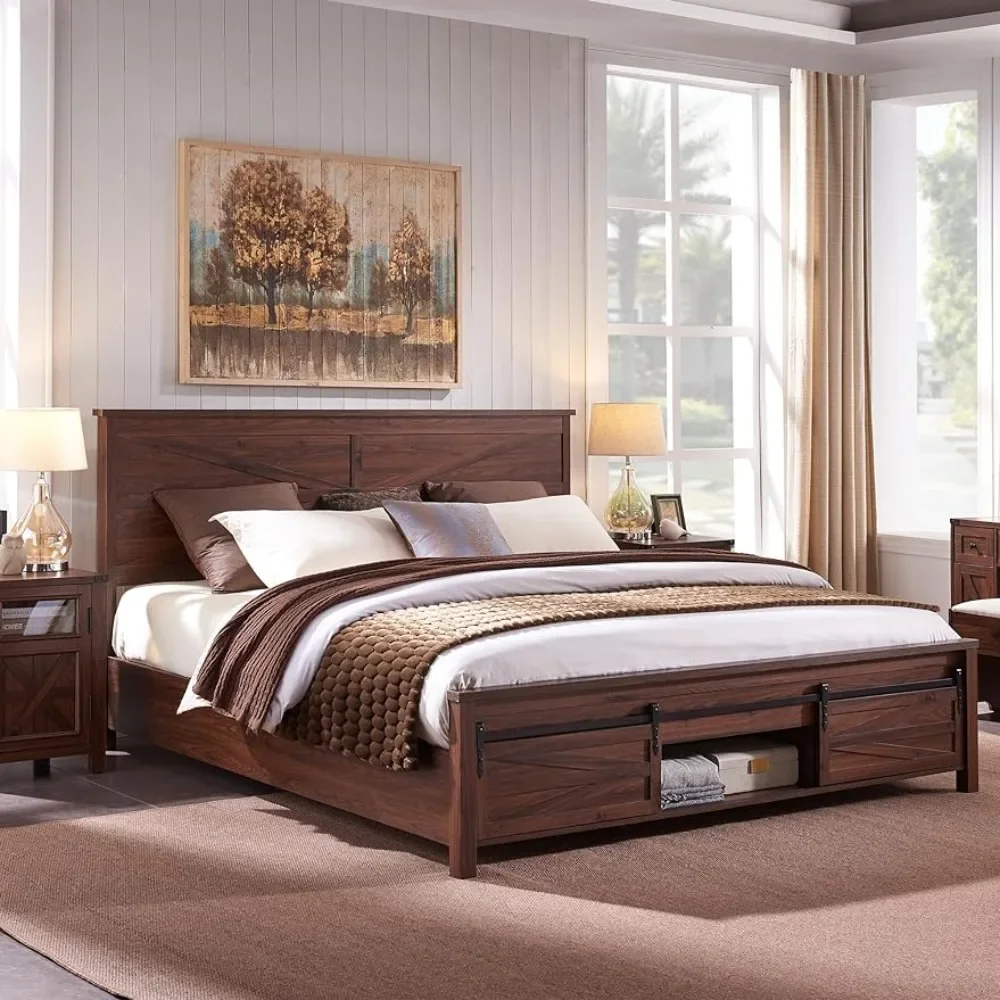 Description Picture 2 of itemKing Queen Full Size Bed Freme with Sliding Barn Door Storage Cabinets, Solid Wood Slats Support, Noiseless Beds