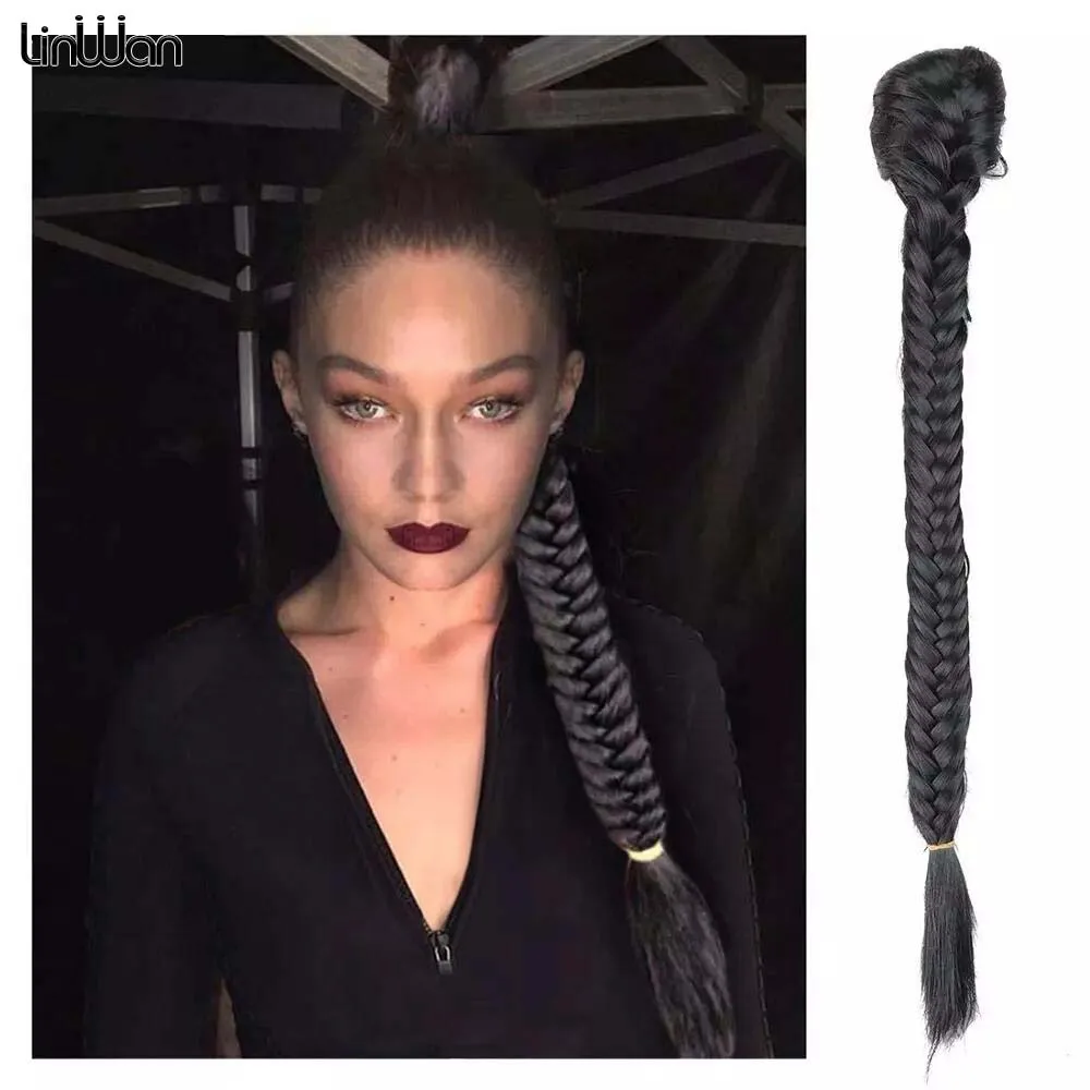 

Synthetic Hair Braided Plaited Fishtail Fishbone Drawstring Ponytail Clip in Hair Extension Black Brwon Color Chignon Hairpiece