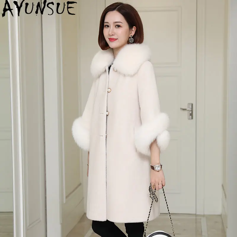 

AYUNSUE 100% Sheep Shearing Jacket Elegant Winter Wool Jackets Fur Coats Fox Fur Collar Women Outwears Casaco Feminino Inverno