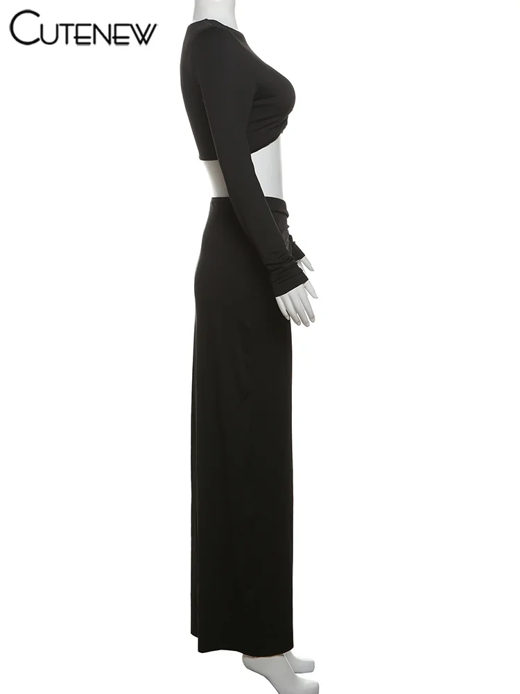 Fashion Matching 2 Piece Women High Street O-neck Full Sleeve Shirring Tees+Split Long Skirts Female Popular Club Sets