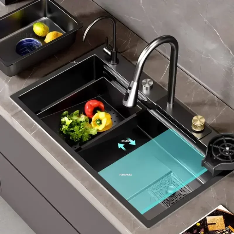 304 Stainless Steel Large Kitchen Sink for Home Nano Waterfall Washbasin Sinks Kitchen Accessories Under-counter Washbasin Novel