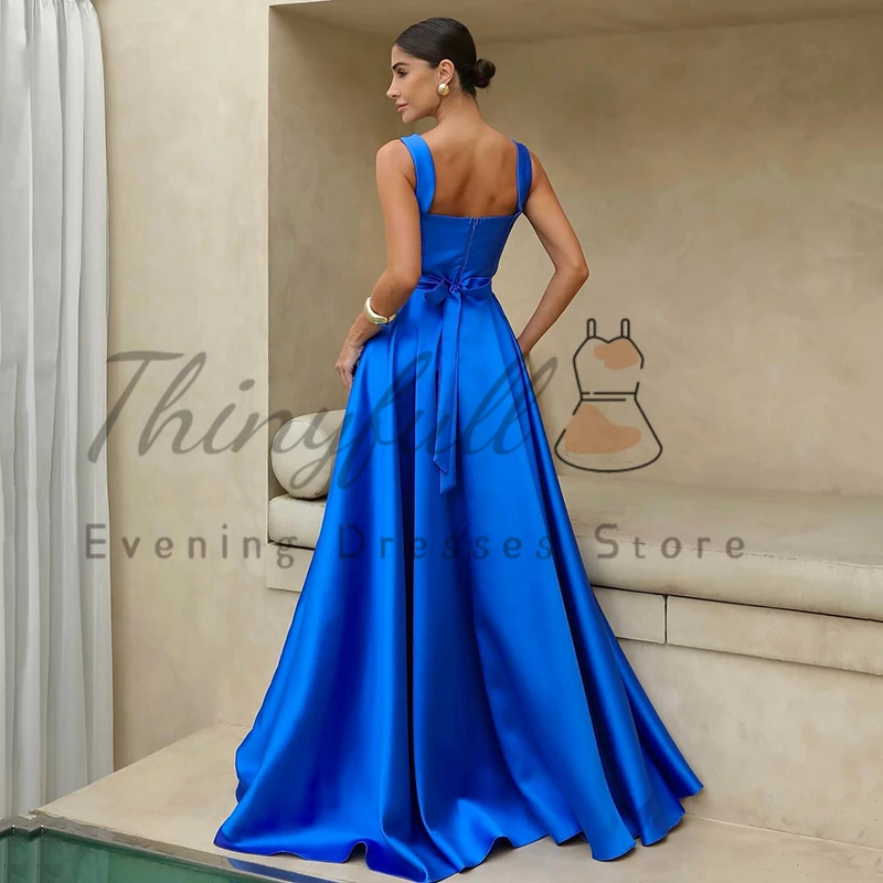 Thinyfull Formal A-Line Prom Evening Dresses Square Collar Floor Length Satin Party Dress Cocktail Prom Gowns Customized