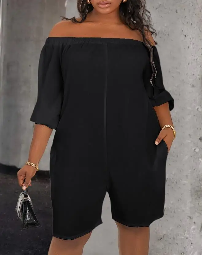 Women's short jumpsuit 2024 summer new women's casual solid color off shoulder pocket design casual jumpsuit