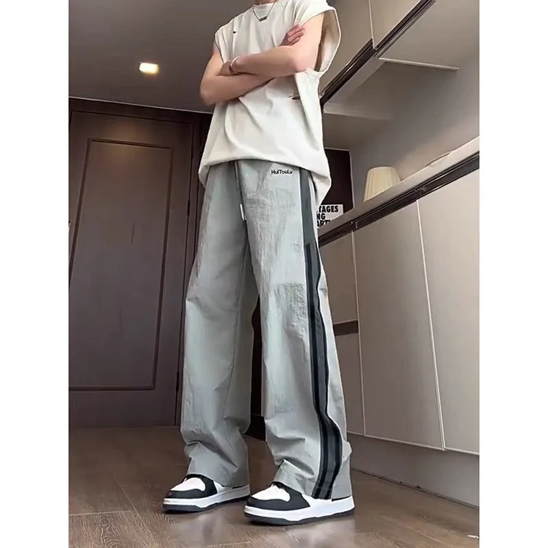 Women Men Casual Black Pants Y2k Sweatpants Splicing High Waisted Summer Thin Design Quick Drying Straight Pants Cargo Pants