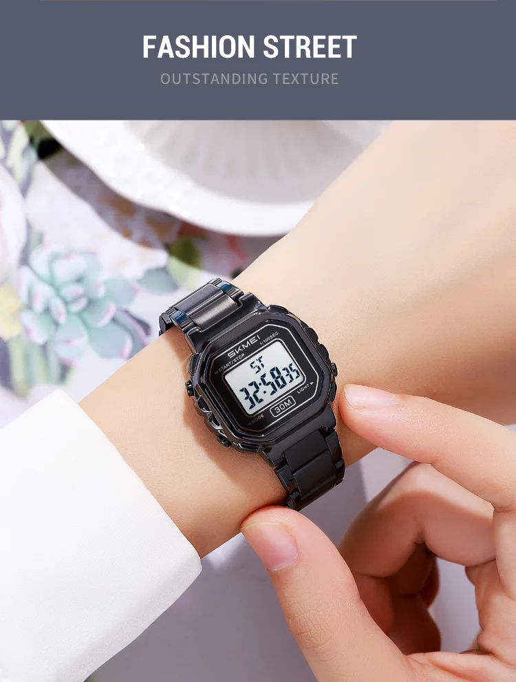 Reloj digital mujer de lujo impermeable de acero inoxidable_voghion.com