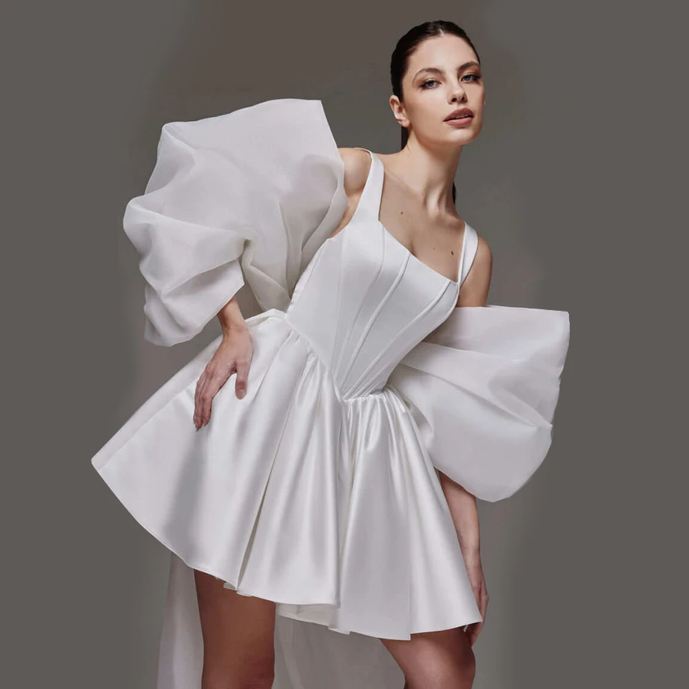 

Satin Mini Wedding Dress Ball Gown A-Line Square Neck Backless Above Knee's Wedding Dresses with Bowknot for Bride Bridesmaid