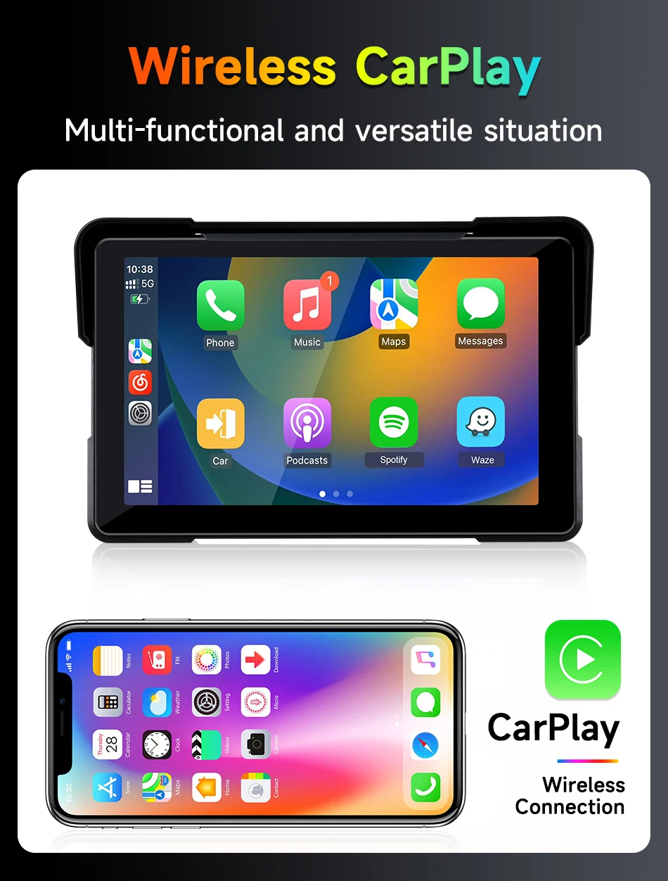 Srnubi 7" Zoll 2K HD Motorrad DVR Wireless CarPlay Android Auto Airplay Tragbarer Monitor GPS-Navigation IP67 Wasserdicht BT5.0 – Detail 4