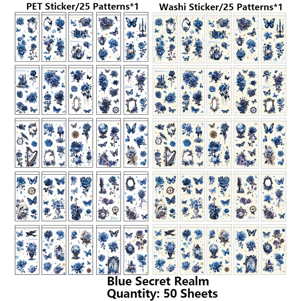 Vintage Rose and Butterfly Scrapbooking Sticker Book - 50 Sheets Aesthetic PET and Washi Stickers