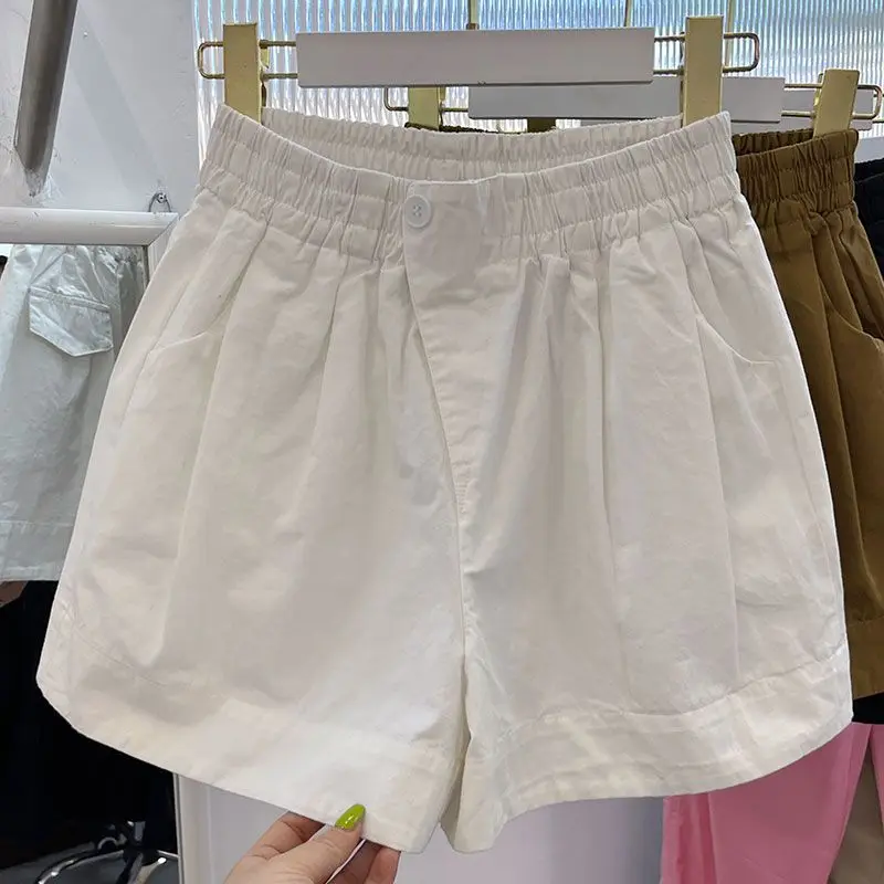 2024 New Summer Streetwear Minimalist Casual Fashion Wide Leg Solid Color Loose High Waisted Elastic Pockets Folds Women's Short