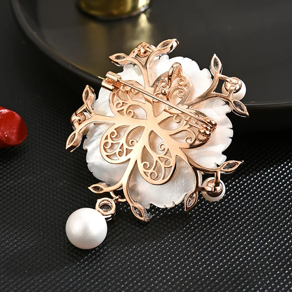 Brooch for women Shell Peony Flower Brooches Pearl Zircon Inlaid Clothing Pin Luxury Jewelry Valentine's Day Gift for Girlfriend
