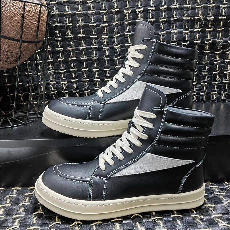 

Men Boots Ankle Genuine Leather High Top Zip Lace Up Fleece Shoes Owens High Street Vintage Luxury Skateboard Sneakers