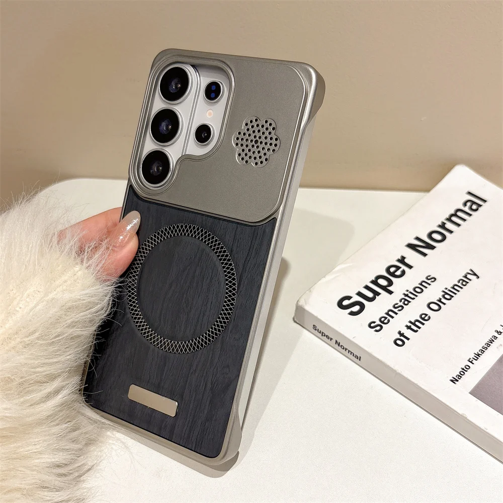 Wood Grain Leather Frameless Magnetic Phone Case with Plating Cover