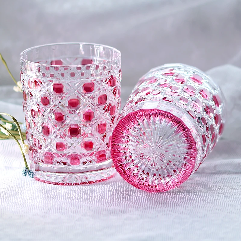 250ml Edo Kiriko Pink Glass Whisky Tumbler For Scotch Bourbon Old Fashioned Hand Cut Octagonal Basket Weave Design Rocks Glasses