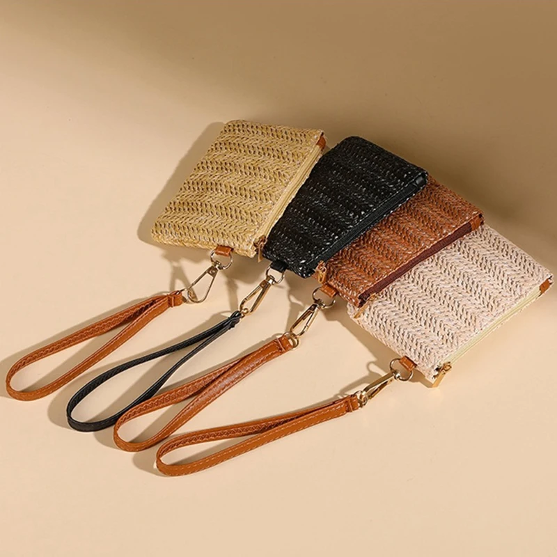 Solid Color Straw Bag Fashion Ladies Wristlet Wallet Portable Coin Purse Holder Bag Lipstick 1PC