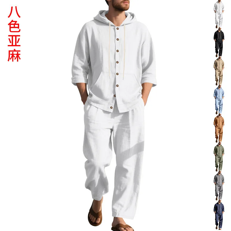 New Spring and Autumn Style Loose Men's Hoodie Set, Linen Material Beach Casual Two-Piece Suit