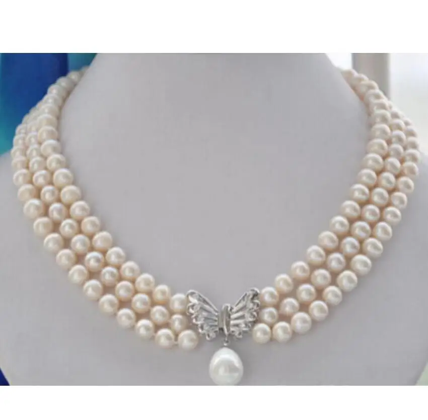

3row 8-9mm WHITE ROUND FRESHWATER PEARL NECKLACE butterfly