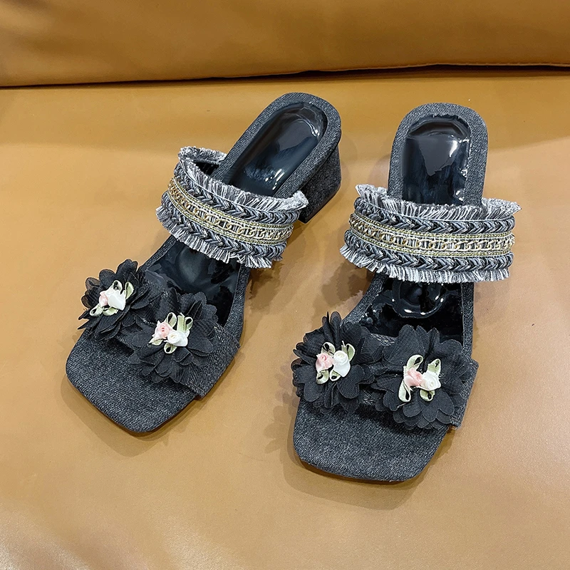 

Шлепанцы женские из микрофибры, на среднем каблуке, квадратный каблук, однотонные, современные, лето 2024