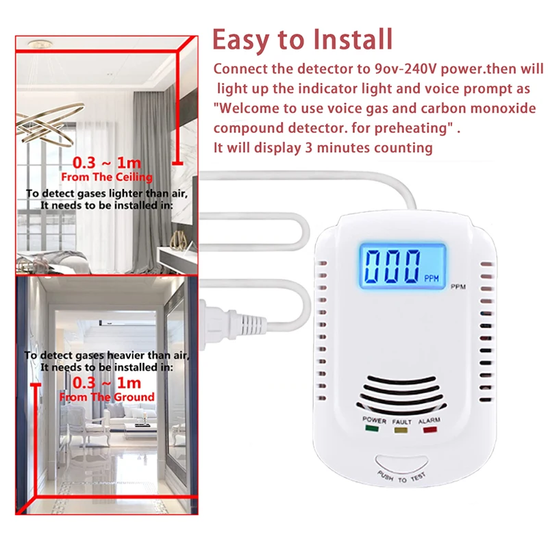 Combination CO Carbon Monoxide Detector Combustible Gas Leak Sensor Sensitive Auto Detect Failure Fire Alarm EU Plug AC 90V-220V