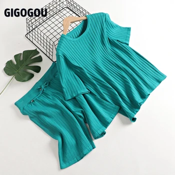 GIGOGOU Spring Summer Ribbed Women T-Shirt tracksuit Fashion Casual Oversized T Shirt Suit two piece Short Sets 1