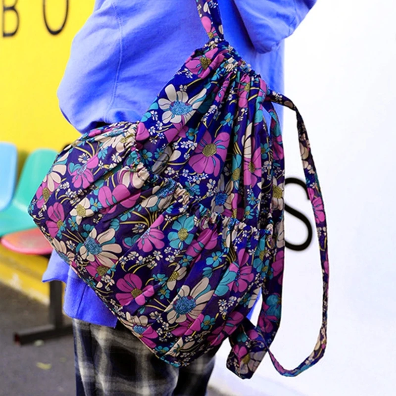Women Boho Floral Print Drawstring Backpack Foldable Sports Bag Lightweight Large Capacity Tote Nylon Gym Sackpack