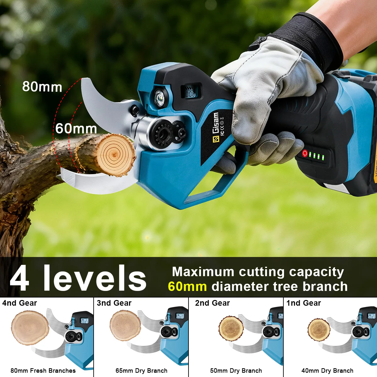 Gisam 60mm 브러시리스 전기 가지치기 가위 무선 정원 과일 나무 가지 가위 마키타 18V 배터리 핀용 전동 공구