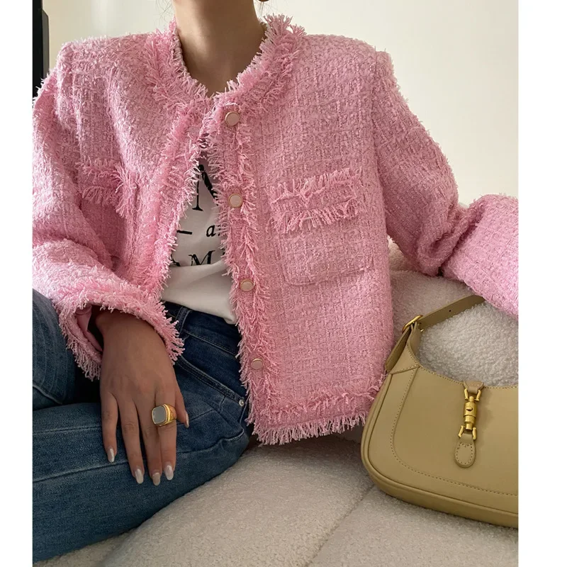 

Pink Fringe Fur Shoulder Pad Tweed Jacket Blazer Boucle Crop Coat for Women 2023 Spring