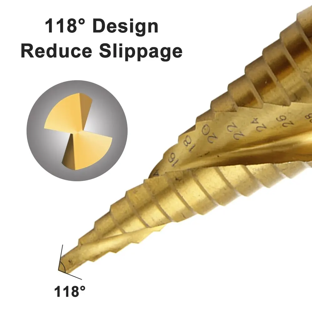 육각 생크 나선형 그루브 티타늄 코팅, 파고다 스타일 스텝 드릴 비트, 3 피스, 4-12/4-20/4-32