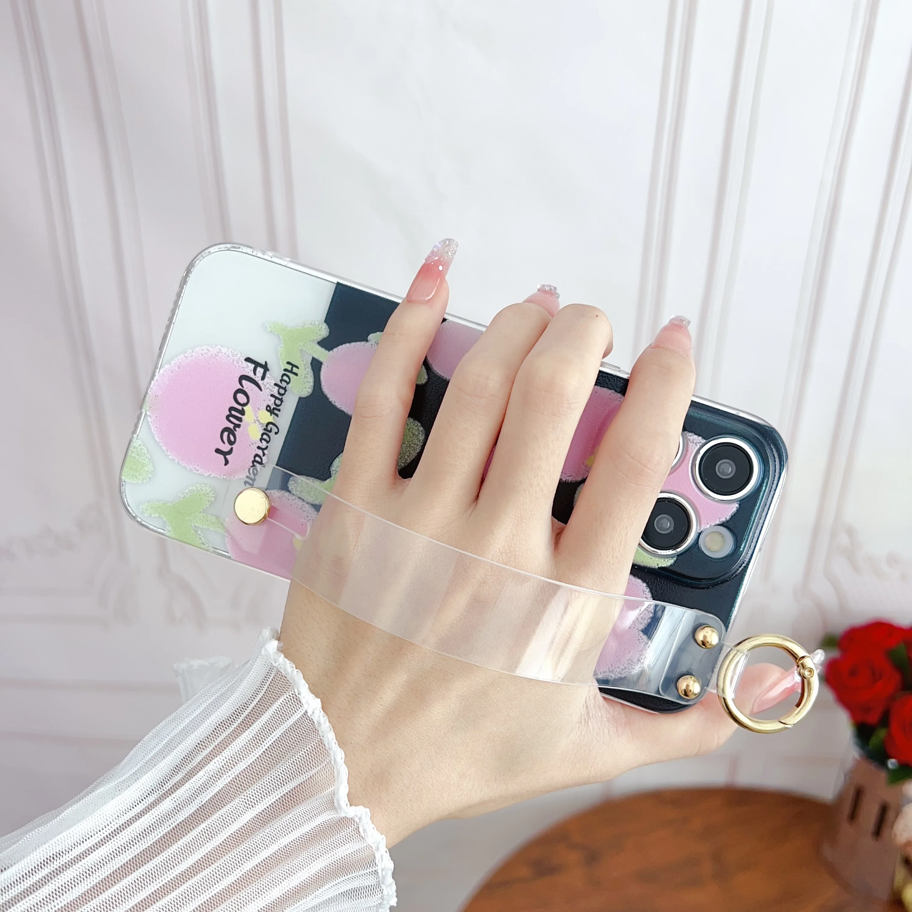 Floral Design Wrist Strap Phone Case - Fashion Edition