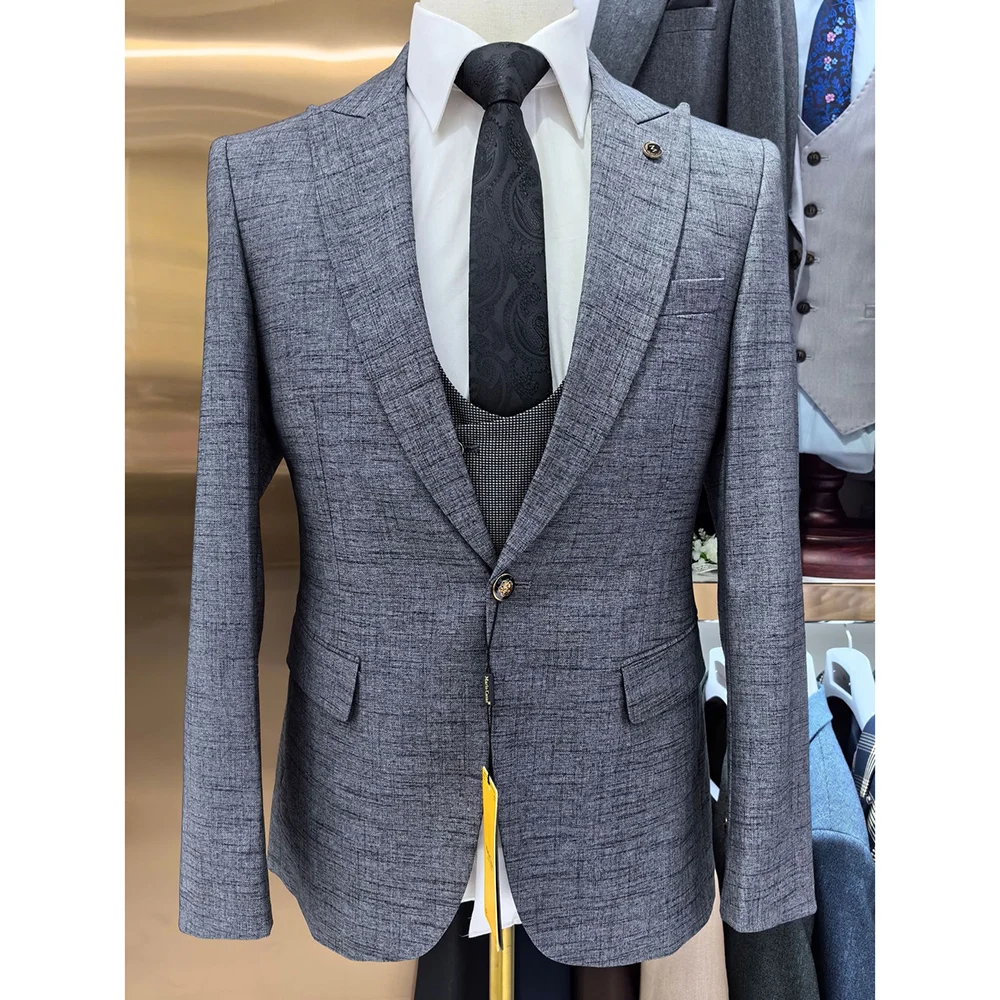 High Quality Luxury Men's Suits Slim Fit One Button Peak Lapel Male Clothing Formal Business 3 Piece Jacket Pants Vest Costume