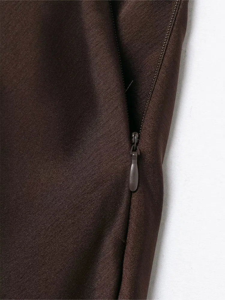 HH Women Fashion Brown Lace Hem Slit Skirt Side Zipper High Waist Slim Midi Skirts Lady Party Evening Club Straight Skirts