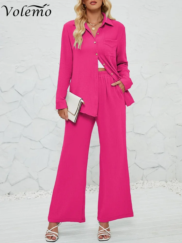 

Женский комплект из двух предметов Volemo, свободный комплект из рубашки и прямых брюк с обжимным дизайном, весна-лето 2023