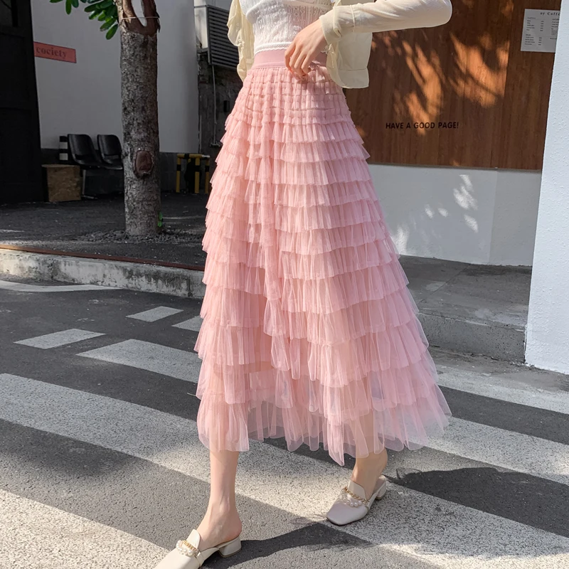 High Quality Long Skirts For Women Summer 2023 Korean Style Clothes Ladies Black Pink White Mesh Tulle Cake Midi Skirt Female