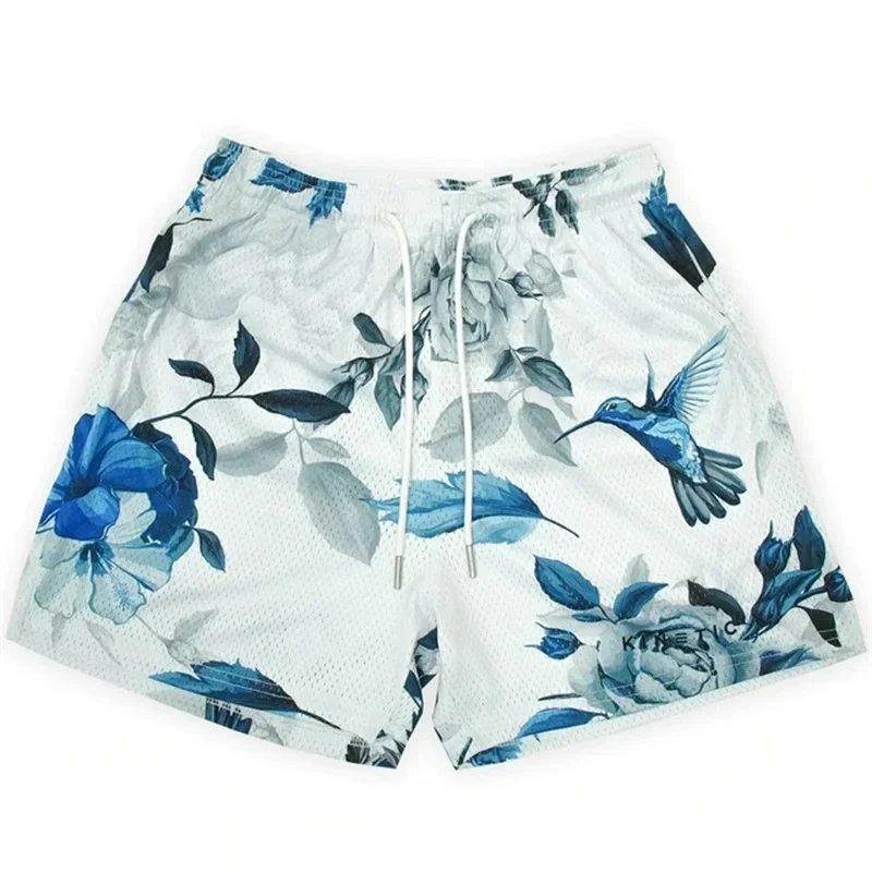 Summer New Men's Shorts Rose Design Casual Shorts Street Hip Hop Fitness Quick Dry Mesh Fabric Breathable Embroidered Shorts 4
