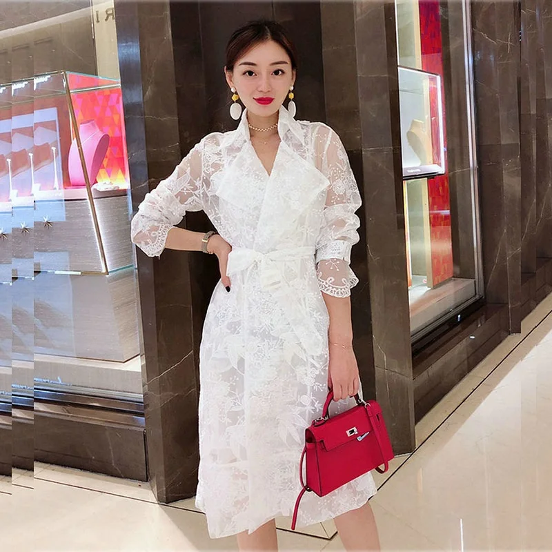 Women Mid-length White Lace Thin Trench Coat With Suspenders Tops Plus Sashes Spring Autumn Lapel Long Sleeve Female Outerwear
