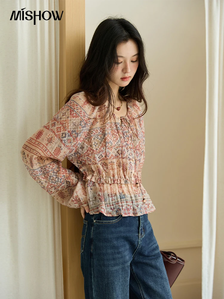 MISHOW Puff Sleeve Blouse Round Neck Hollow Embroidery MXE31X1747