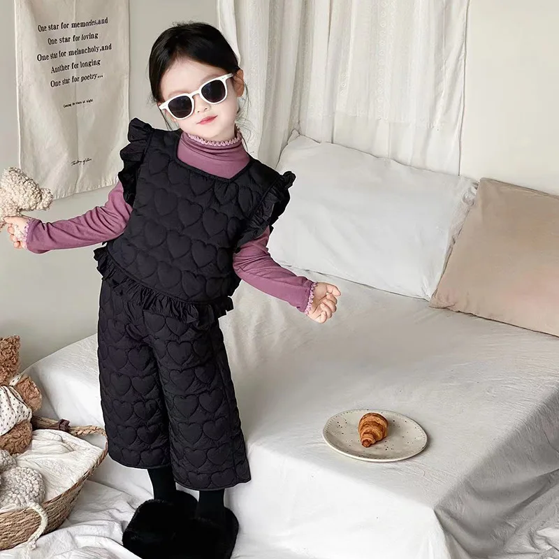 

Girls' Winter New Children'S Korean-Style Quilted Flounced Sleeve Vest Cropped Pants 2-Piece Suit