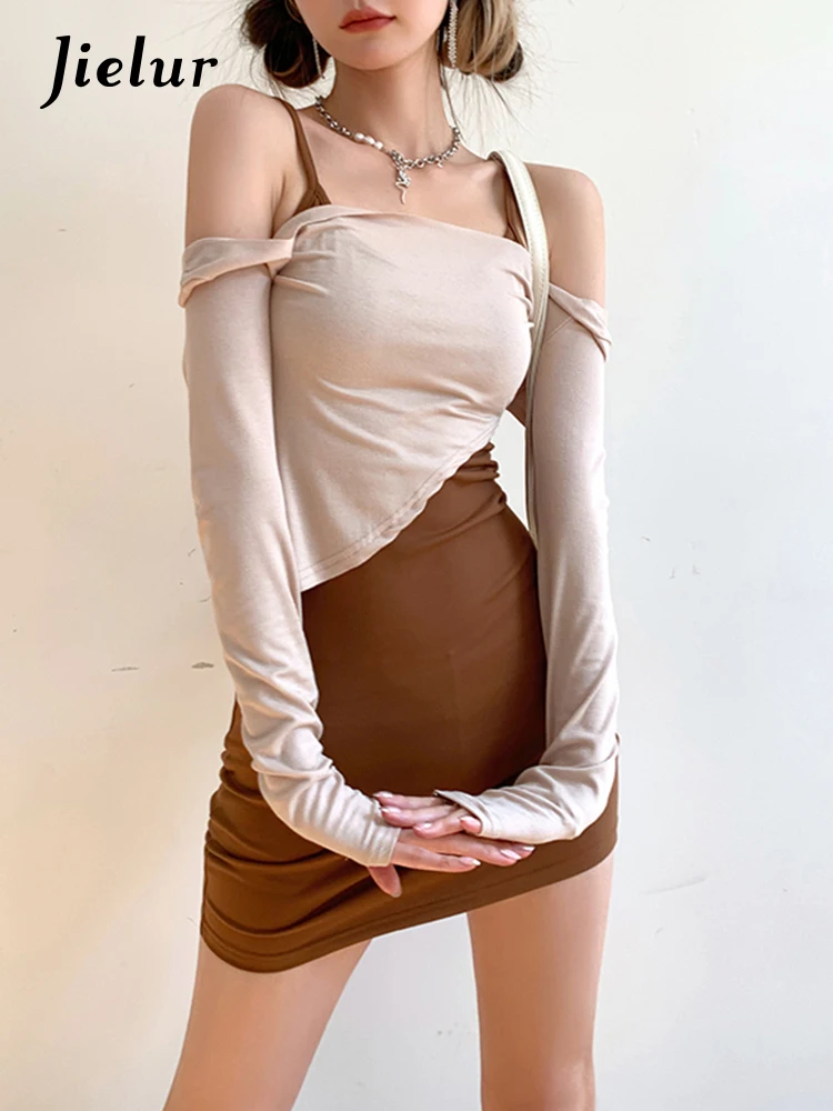 

Jielur Two Piece Set Sexy Female Dresses High Street Irregular Tight Hip Spell Color Fashion Women Dress Elegant Chic Mini Dress