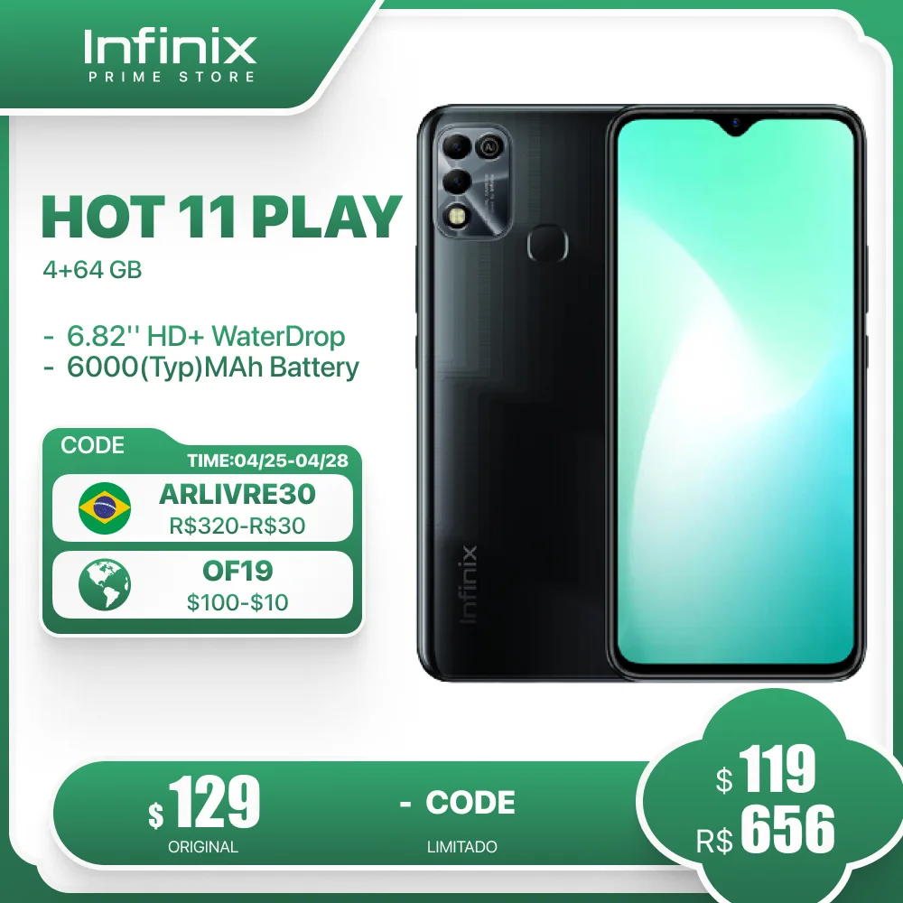 Global Version Infinix Hot 11 Play 6.82'' HD+ Display Smartphone 6000mAh Battery Helio G35 13MP AI Dual Rear Camera current infinix phones